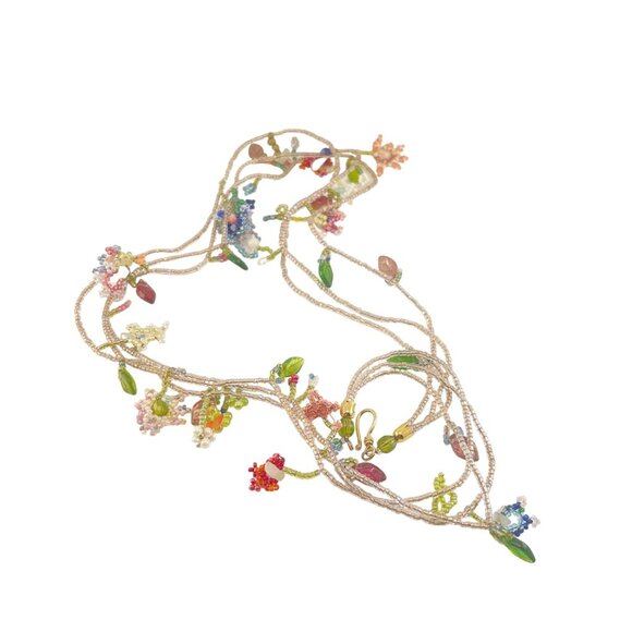Handcrafted Multi-Color Beaded Floral Three Strand Necklace With Delicate Chain - Picture 5 of 9